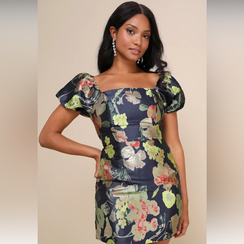 So Stunning Navy Blue Floral Jacquard Puff Sleeve Mini Dress from Lulus - Picture 6 of 6